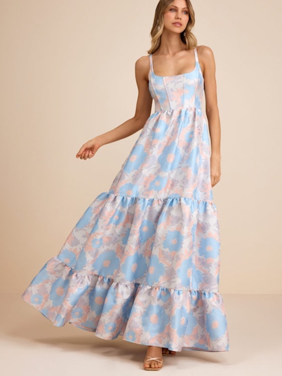 Lulus Dresses & Skirts - Lulus Avalie Cream Floral Tiered Bustier Maxi Dress White - Size M